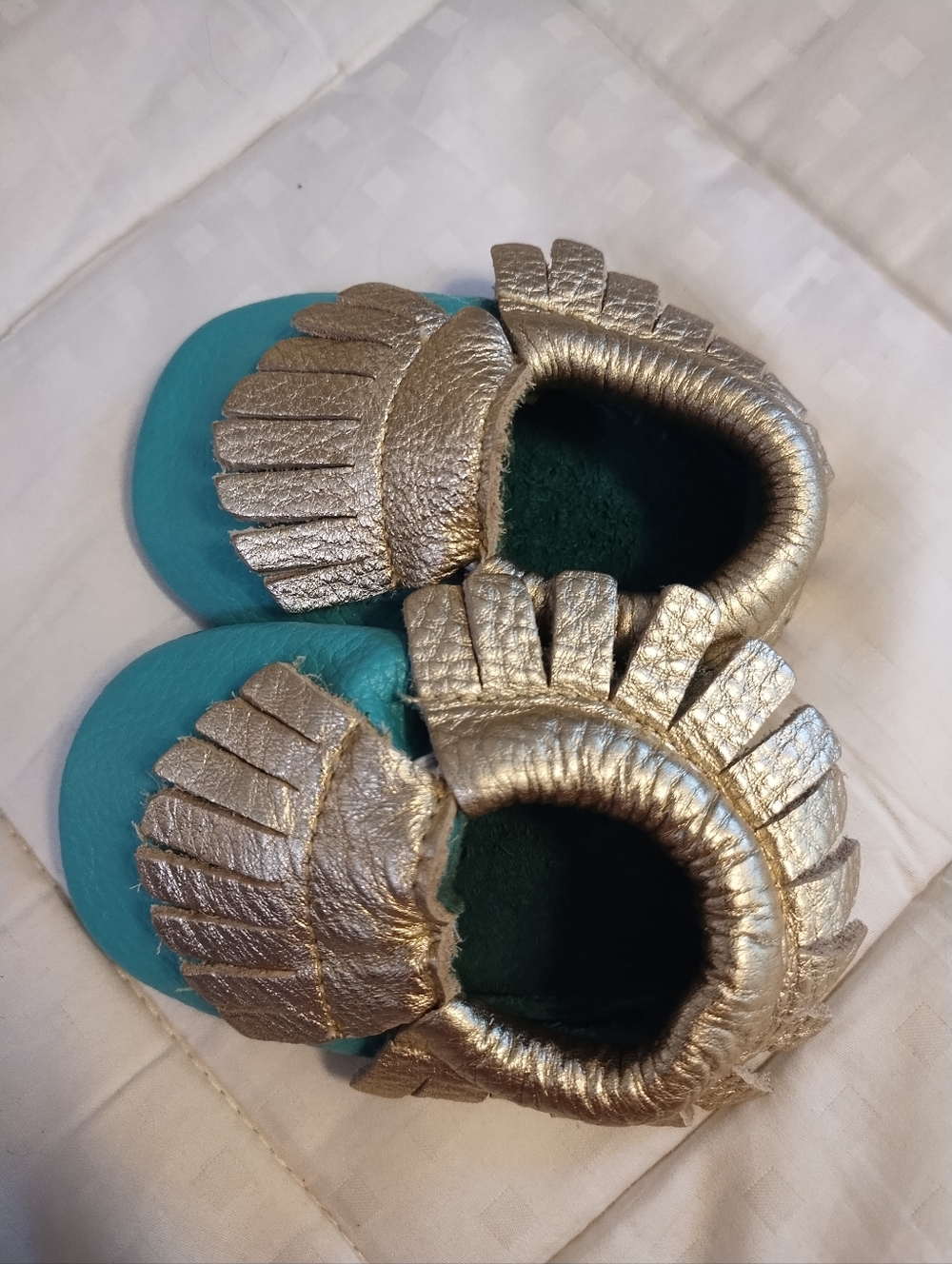 Leather Moccasins Approximate Size 3 To 6 Months Gold And Teal Soft Elastic